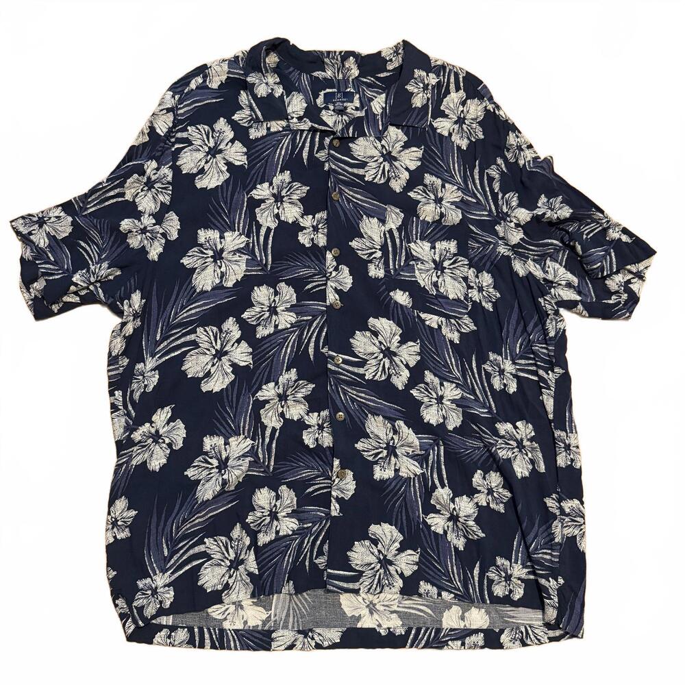 George 3XL Hawaiian shirt‎ navy hibiscus print button front camp collar
